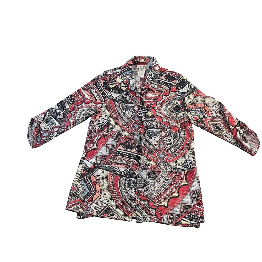 A La Carte Mesh Red Geometric Toggle Button Up Roll Tab Sleeve Top Womens Size S